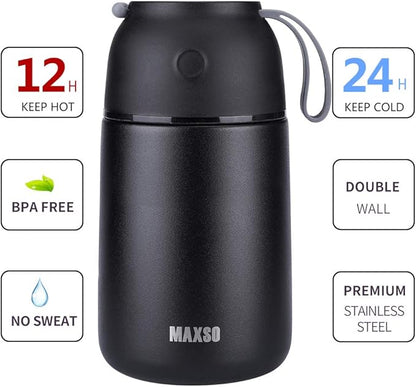 MAXSO 2 Pack Soup Thermo for Hot & Cold Food for Kids Adults, Vacuum Insulated Food Jar Thermal Lunch Containers, Travel Food Flask with Spoon (24 oz,17 oz) (Black)
