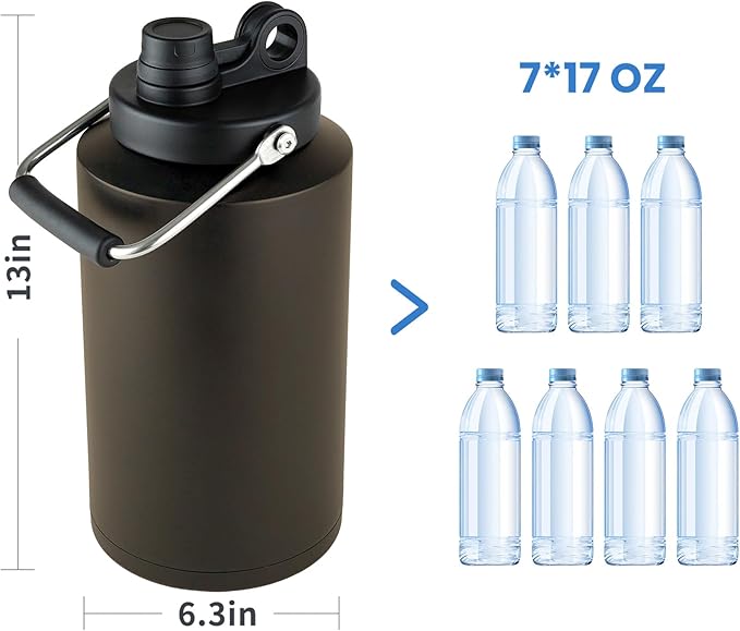 1 Gallon Water Jug Bottle Insulated, 128oz Stainless Steel Water Bottle Jug Wide Mouth Double Vacuum Dishwasher Safe BPA Free for Hot & Cold Drinks Dark Khaki