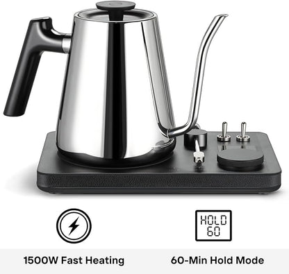 DJ Electric Gooseneck Kettle for Pour Over Coffee & Tea - Water Boiler - Turntable Design - Quick Heating & Temperature Control - Stainless Steel