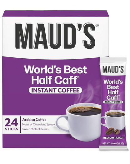Maud's Half Caffeine Instant Coffee, 24 ct, 100% Arabica Coffee, Medium Roast, Instant Hot or Iced Coffee - Just add water