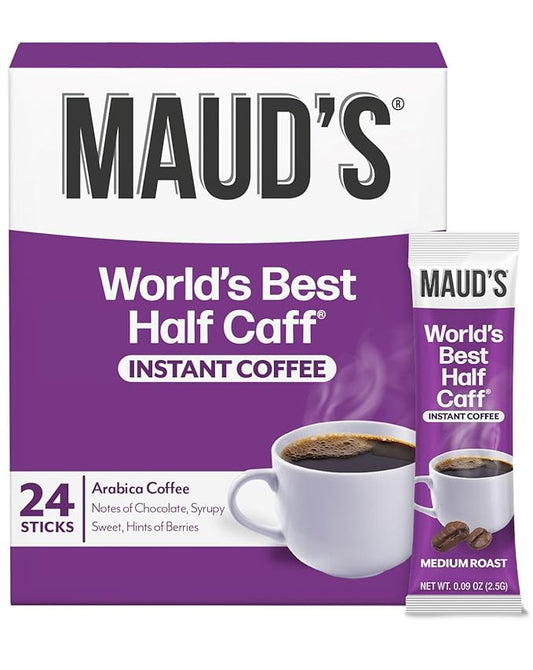 Maud's Half Caffeine Instant Coffee, 24 ct, 100% Arabica Coffee, Medium Roast, Instant Hot or Iced Coffee - Just add water