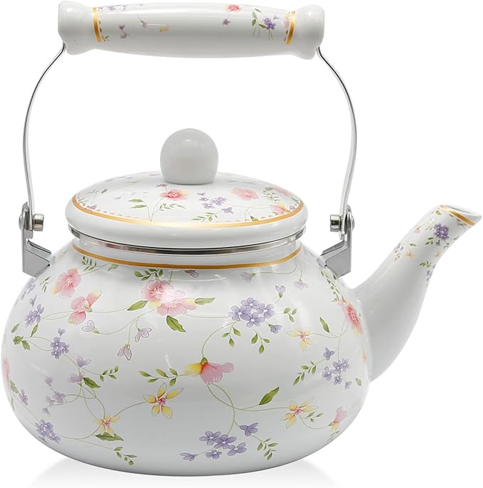 Enamel Teakettle Floral Teapot for Stovetop, 2.5L Large Green Floral Tea Kettle with Ceramic Handel Turkish Style(Green Rose)