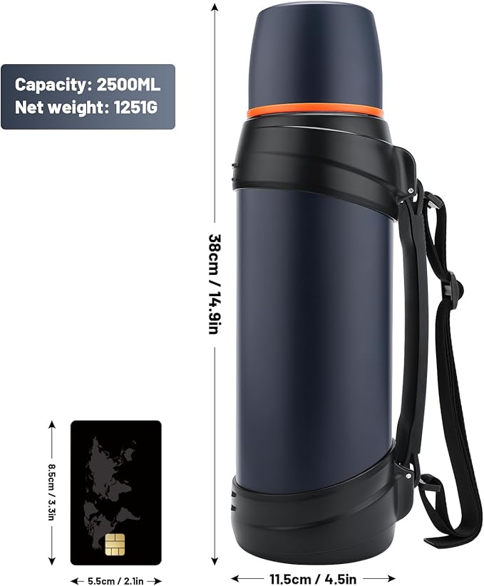 Large Thermosflask- 85oz Stainless Steel Insulated Bottle for Travel with BPA Free Cup - 2.5L Oversized Vacuum Insulated Thermoses with Handle and Strap for Hot & Cold Drinks(Blue)