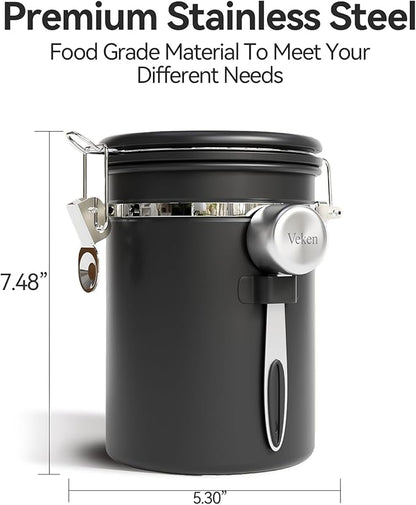 Veken Coffee Canister with Window,Airtight Stainless Steel Container,Home Kitchen Food Storage Organizers for Grounds,Beans,Espresso,Rice,Tea,Sugar,Flour, Cereal,Scoop,Bar Accessories,Gifts,22OZ,Black