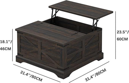 Furnideco Square Coffee Table with Storage Farmhouse Coffee Table with Lifting Top Modern Wood Center Table for Living Room Home Office, Dark Brown