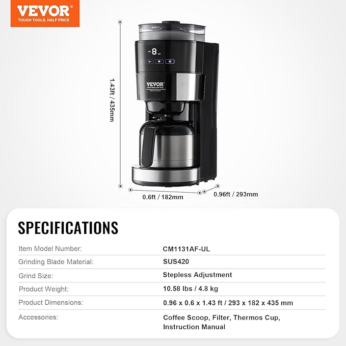 VEVOR Coffee Maker with Grinder, 8 Cup Programmable Coffee Machine, Grind and Brew Coffee Maker with 3 Brew Strength Control, Reusable Filter, Removable Water Tank, for Home Office Restaurant