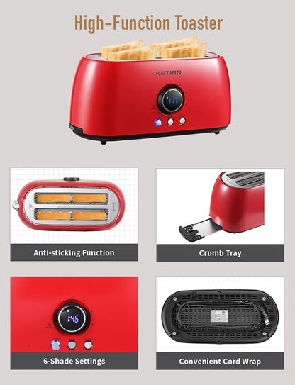 Toaster 4 Slice,KOTIAN Retro Long Slot Toasters with Countdown Timer,Stainless Steel Toaster,Bagel,Defrost,Reheat,Cancel Functions,Extra Wide Slots,6 Toast Settings,Removable Crumbs Tray,Red