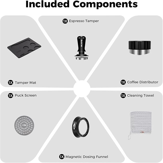 IKAPE 53MM Coffee Tamper Set Black 6 IN 1, Espresso Tamper, Distributor, Magnetic Dosing Funnel, Silicone Mat, Puck Screen, Cleaning Towel