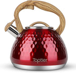 Load image into Gallery viewer, Tea Kettle, Toptier Teapot Whistling Kettle with Wood Pattern Handle Loud Whistle, Food Grade Stainless Steel Tea Pot for Stovetops Induction Diamond Design Water Kettle, 2.7-Quart Red