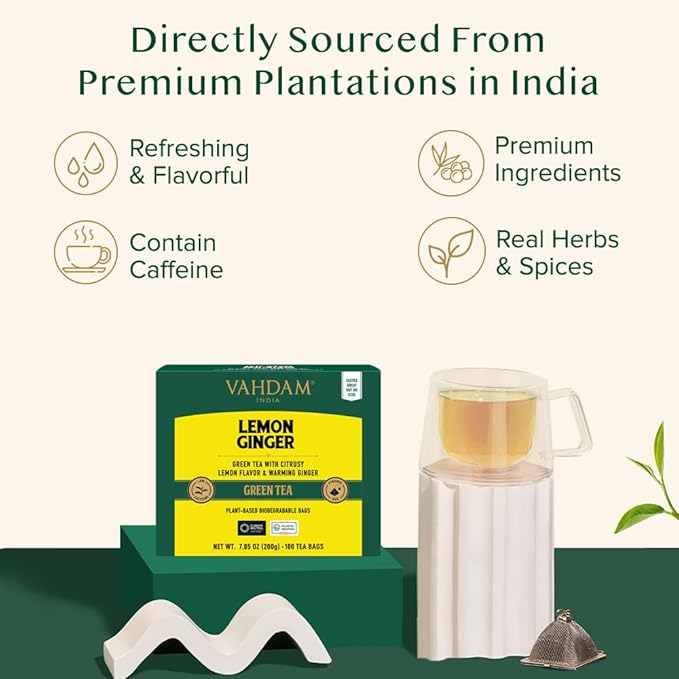 VAHDAM, Lemon Ginger Tea Bags (100 Green Tea Bags) Low Caffeine | Fruity Flavor - Zesty Lemon & Ginger, Orange Peel | Resealable Ziplock Pouch | Brew Hot or Iced Tea