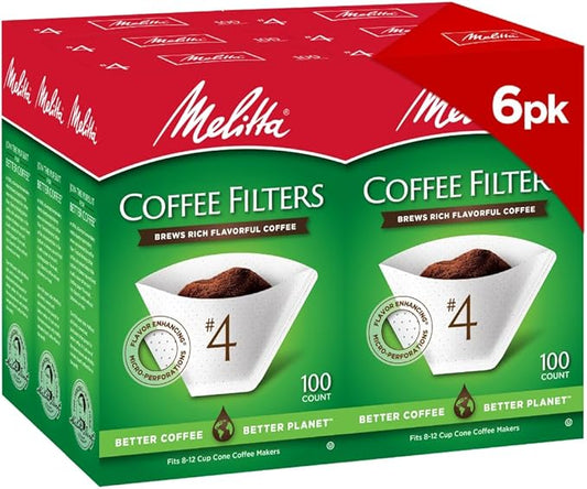 Melitta #4 Cone Coffee Filters, White, 100 Count (Pack of 6), 600 Total Filters - Packaging May Vary