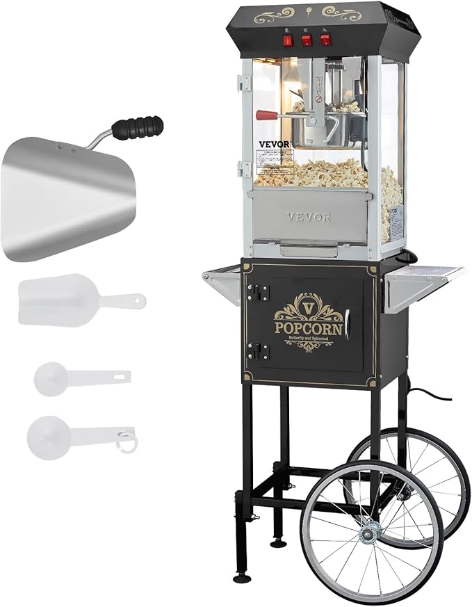 VEVOR Popcorn Maker with Cart, 850W Popcorn Popper Machine, 8 Oz Kettle Makes 48 Cups per Batch, Popcorn Maker Equipped with Tempered Glass, Includes 4 Scoops, Movie Theater Style, Black