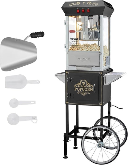 VEVOR Popcorn Maker with Cart, 850W Popcorn Popper Machine, 8 Oz Kettle Makes 48 Cups per Batch, Popcorn Maker Equipped with Tempered Glass, Includes 4 Scoops, Movie Theater Style, Black