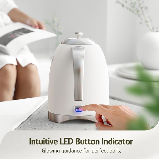 Hazel Quinn Electric Kettle - 1.7 Liters (57oz) Stainless Steel Water Kettle, BPA-Free Interior, 1200W Fast Boiling, Cordless, Rotational Base, Automatic Shut Off & One-Touch LED - Pearl White