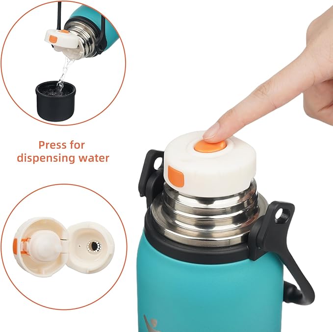 Insulated Water Bottle with Handle and Strap,Vacuum Travel Tumbler with Cup Lid,Thermo Coffee Cup for Hot Cold Drinks 27 OZ,TealBlack