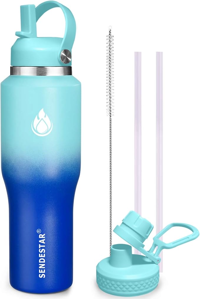 SENDESTAR 40oz Stainless Steel Water Bottle(Cold for 48 Hrs, Hot for 24 Hrs),Double Wall Vacuum Insulated Bottle with Straw Lid, Spout Lid and Flex Cap, Fit in Any Car Cup Holder