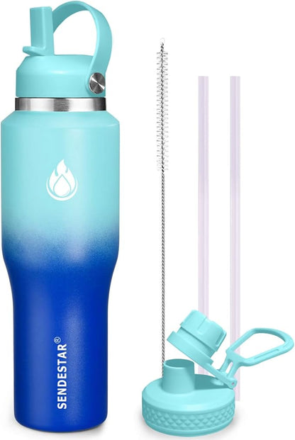 SENDESTAR 40oz Stainless Steel Water Bottle(Cold for 48 Hrs, Hot for 24 Hrs),Double Wall Vacuum Insulated Bottle with Straw Lid, Spout Lid and Flex Cap, Fit in Any Car Cup Holder