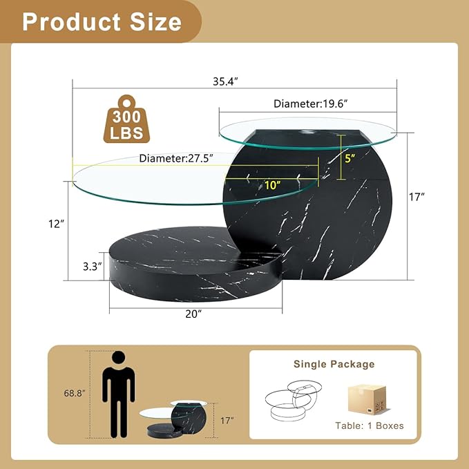 35 Inch Glass Coffee Table，Round Coffee Table with 2-Tier Tempered Glass Tabletop，Easy to Clean Circle Coffee Table with Sturdy Base for Living Room，Office (Black Marble Colored Base
