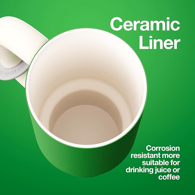 BaWang Insulated Stainless Steel Tumbler | Tumbler with Handle and Straw 33oz | Cup Holder Friendly for Travel | Leakproof Water Bottle | BPA-Free | Ceramic liner| Green＆White