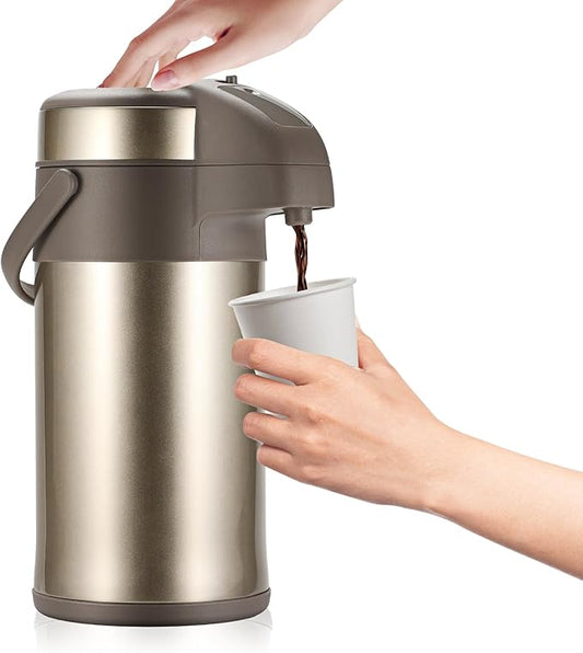 OJOJ 4L/133OZ Thermal Coffee Carafe with Pump, Thermal Beverage Dispenser, Coffee Airpot Stainless Steel Coffee Carafe for Hot Drinks Gold