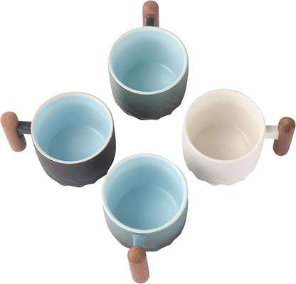 Porcelain Espresso Cups Set of 2, Small Tea Cups, 2 oz Ceramic Espresso Cups with Wooden Handle