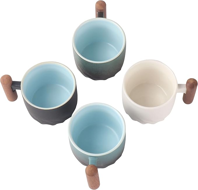 Porcelain Espresso Cups Set of 2, Small Tea Cups, 2 oz Ceramic Espresso Cups with Wooden Handle