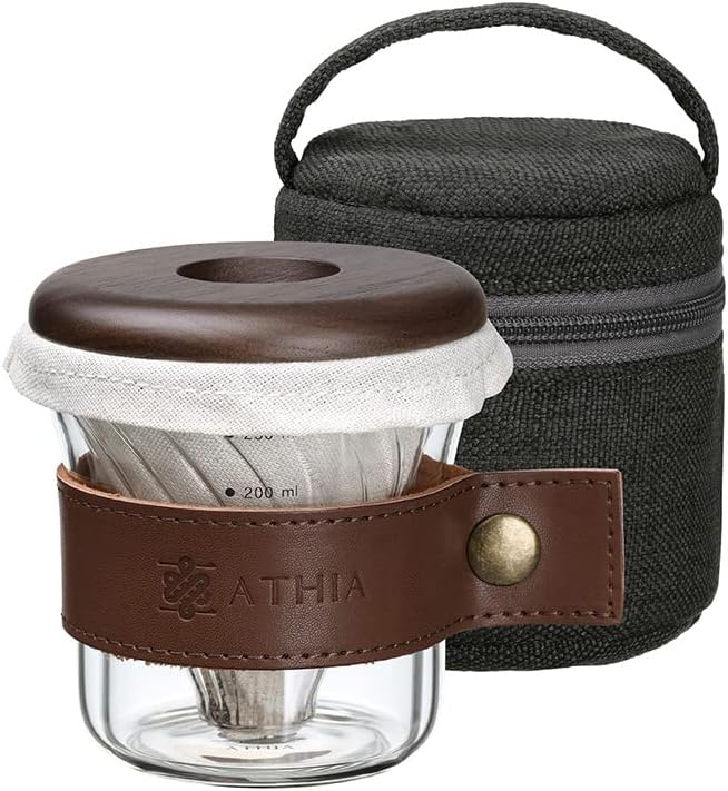 THIA Glass Pour Over Coffee Dripper Set, Glass Cone Dripper, Reusable Cloth Filter, Leather Cup Sleeve, Minimal Single Cup on the Go (Walnut Wood)