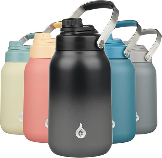 BJPKPK Half Gallon Insulated Water Bottles, 64oz Water Jug with Metal Handle & BPA Free Spout Lid, Dishwasher Safe Thermo, Large Stainless Steel Gym Sport Jugs, Black Grey