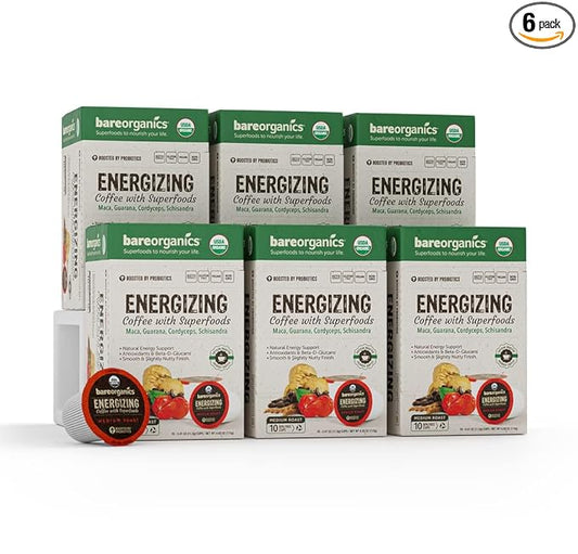 Energizing Organic Coffee Pods – Medium Roast with Superfoods & Probiotics – Infused with Maca, Guarana, Cordyceps Mushroom Extract, Schisandra – Vegan, Gluten-Free - 10 Recyclable Single Serve K-Cups - 6 Pack