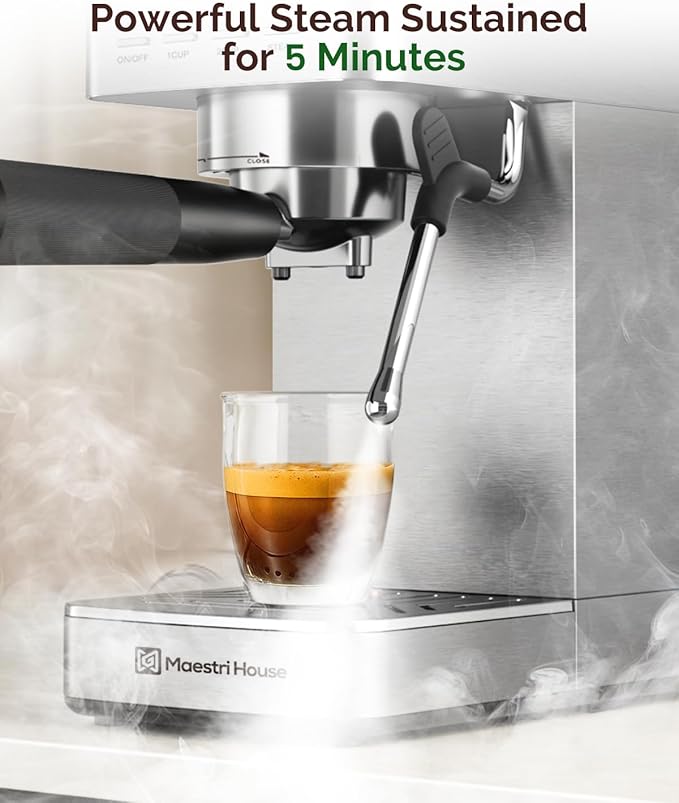 Maestri House Espresso Machine, 20 Bar ULKA Pump, Compact Espresso Maker Built-in Flow Meter Steam Milk Frother, Stainless Steel Coffee Machine for Cappuccino, Latte (Silver)