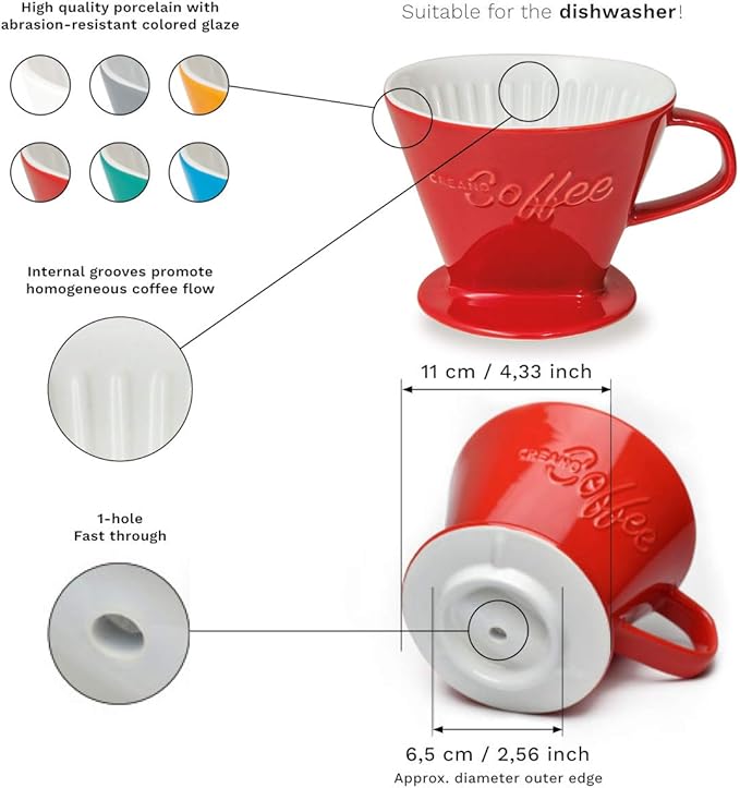 Creano XXL Porcelain Coffee Dripper Stone Grey - Ceramic Cone Brewer - Pour Over Coffee Maker - Filter Size 4 - huge and heavy quality 800gr/28oz - 6 Colours availeble