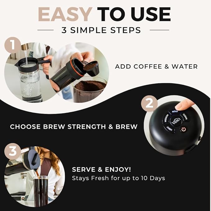 VINCI Express Cold Brew, Electric Cold Brew Coffee Maker in 10 minutes, 4 Brew Strength Settings & Cleaning Cycle, Easy to Use & Clean, Glass Carafe 1.4 Liters Push Button Control