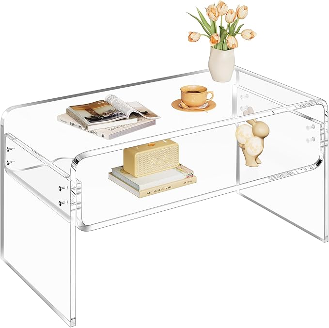 2-Tier Acrylic Coffee Table, Side End Table with Storage Shelf, Modern Center Table for Living Room, Office, Bedroom, Home Small Space, Easy Assembly (Clear)
