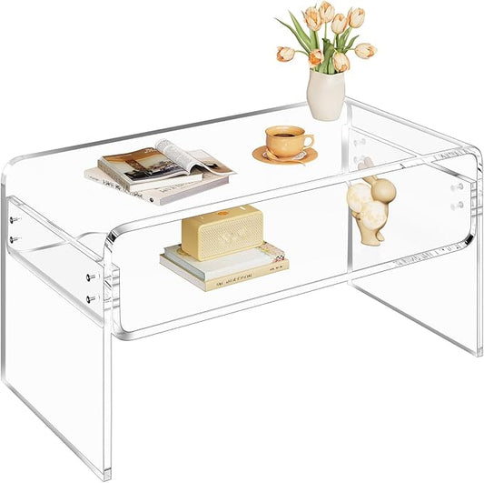 2-Tier Acrylic Coffee Table, Side End Table with Storage Shelf, Modern Center Table for Living Room, Office, Bedroom, Home Small Space, Easy Assembly (Clear)