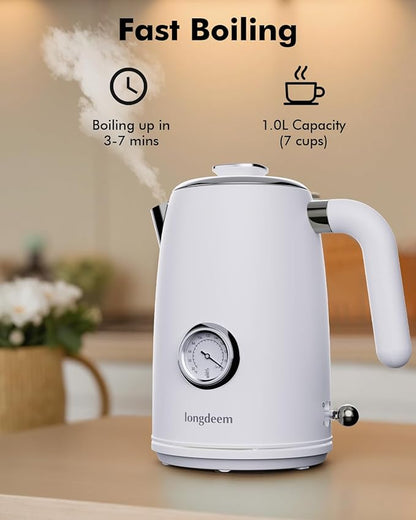 1L Small Electric Kettles Stainless Steel, Portable Travel Mini Hot Water Boiler Heater, Cool Touch Teapot, Auto Shut-Off & Boil-Dry Protection for Cooking, Business Trip and More, White