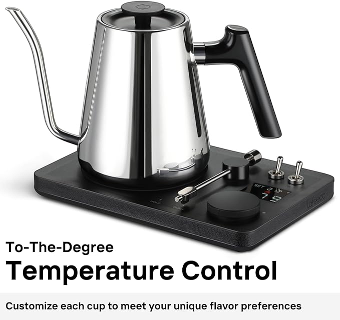 DJ Electric Gooseneck Kettle for Pour Over Coffee & Tea - Water Boiler - Turntable Design - Quick Heating & Temperature Control - Stainless Steel