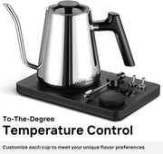 DJ Electric Gooseneck Kettle for Pour Over Coffee & Tea - Water Boiler - Turntable Design - Quick Heating & Temperature Control - Stainless Steel