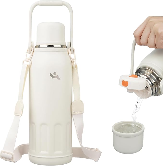 Insulated Water Bottle with Handle and Strap,Vacuum Travel Tumbler with Cup Lid,Thermo Coffee Cup for Hot Cold Drinks 50 OZ,Beige