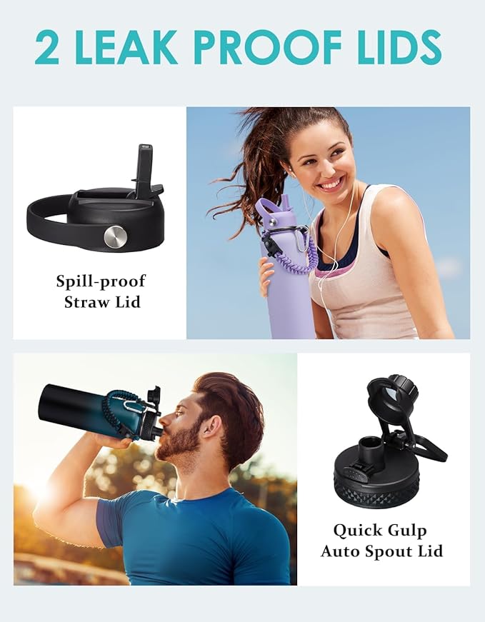 Pink 40 oz Insulated Water Bottle - with Straw Spout Lids, Triple Wall Stainless Steel Water Bottles Cold 48H Hot 24H, Wide Mouth Hydro Bottle Metal Flask with Handle, Strap Carrier Bag for Women