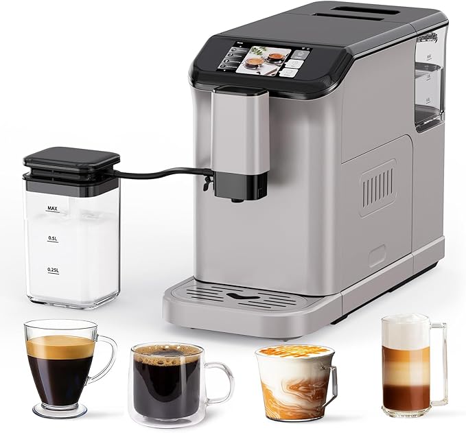 Full Automatic Espresso Machine with Touchscreen, 20-Bar Espresso Machine with Grinder & Milk Frother, 1.5l Removable Water Tank ＆ 15 Grind Settings, for Cappuccino, Latte & Espresso