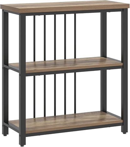 FOLUBAN Small Bookshelf and Bookcase, 3 Tier Open Book Shelf, Modern Metal and Wood Shelving Unit for Living Room Bedroom, Oak