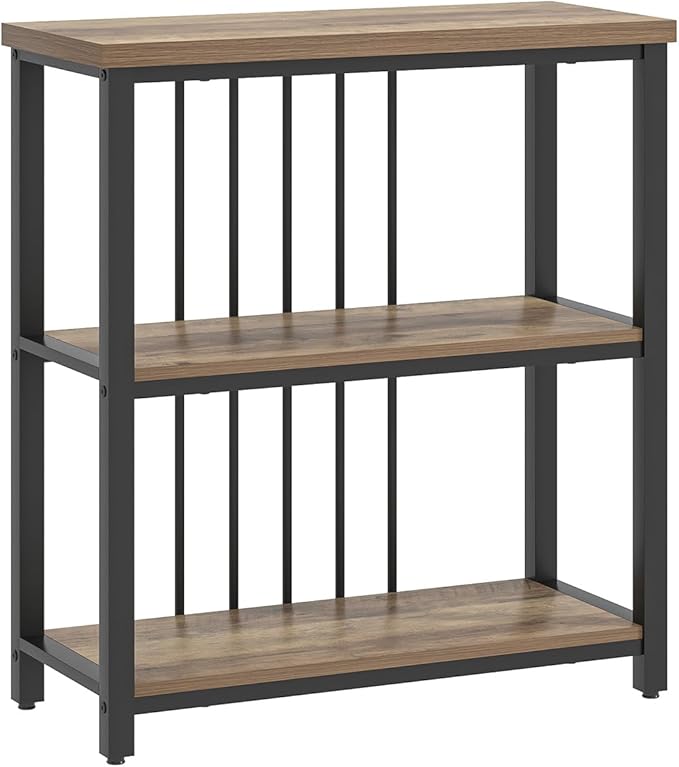 FOLUBAN Small Bookshelf and Bookcase, 3 Tier Open Book Shelf, Modern Metal and Wood Shelving Unit for Living Room Bedroom, Oak