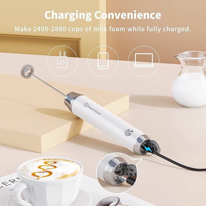Maestri House Rechargeable Milk Frother with 3 Heads, LunaFro AS Handheld Electric Foam Maker Waterproof Detachable Stainless Steel Whisk Drink Mixer Foamer with Stand for Lattes, Cappuccino, Egg