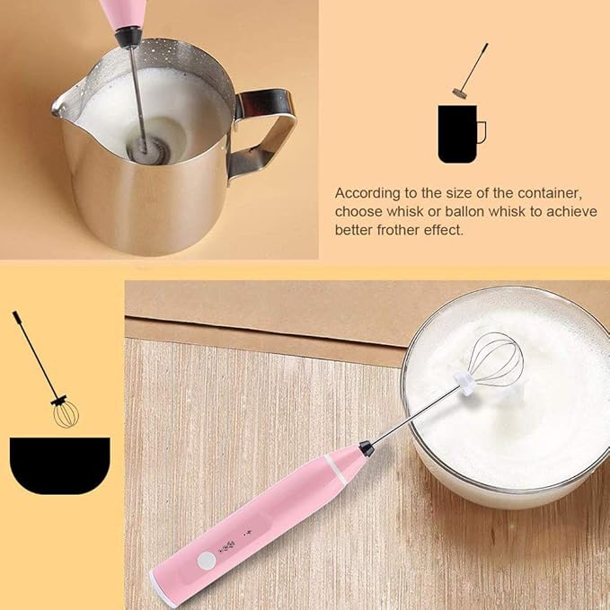 Rechargeable Milk Frother, Electric Coffee Mixer Handheld Egg Beater Household Kitchen Tools(Pink)