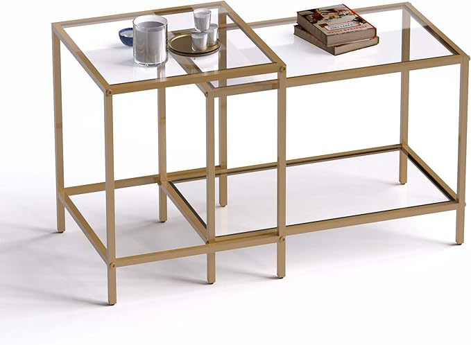 Coffee Table Set of 2,Gold Glass Nesting Coffee Side End Table,Square Modern Center Table for Living Room,Bedroom and Small Spaces,Tempered Glass-top with Sturdy Metal Frame, Easy Assembly