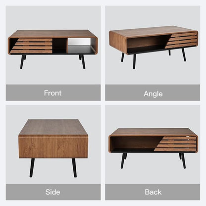 Wood Rectangle Coffee Table with Storage, Mid Century Modern Coffee Table, Living Room Center Table for Home, Apartment, Office, Walnut/Black