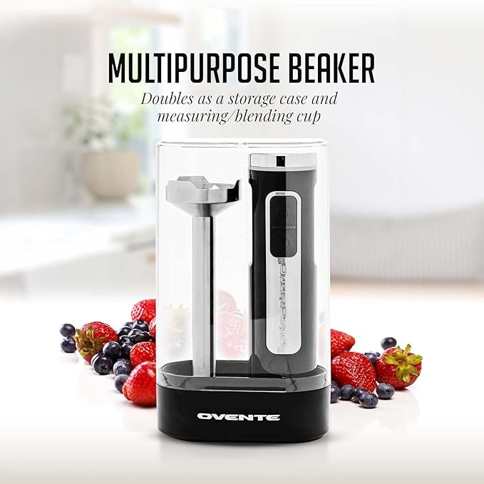 OVENTE Cordless Immersion Hand Blender, Rechargeable Handheld Portable Stick Mixer with 8 Mixing Speed Option, One-Touch Control and Stainless Steel Blades for Smoothies, Shakes or Soups, Black HR781B