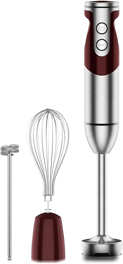 3- in-1 Immersion Hand blender, Powerful MOTOR & Stainless Steel Stick Blender, 4 Sharp Blades with Whisk, Milk Frother Attachments