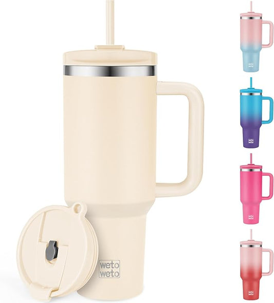 WETOWETO 40oz Tumbler with Handle | Insulated Stainless Steel Travel Mug | 34Hrs Cold & 10Hrs Hot Retention | 100% Leakproof Lid & Straw | Dishwasher Safe + Car Cup Holder Fit (Cream Color)