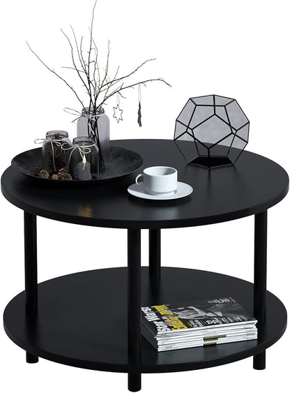 Small Round Coffee Table with Open Storage for Small Space, 23.5" Black 2-Tier Wooden Center Table for Living Room, Metal Legs, Easy to Assemble